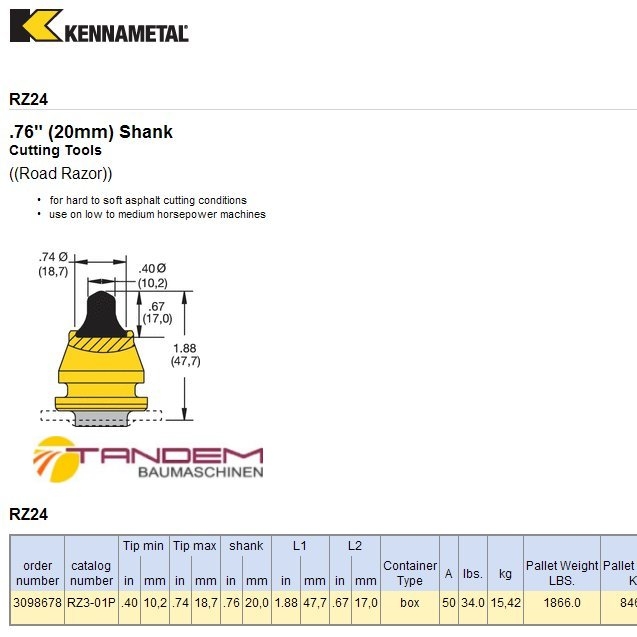 Резец дорожный Kennametal RZ24 (RZ3-01P) со склада в Санкт-Петербурге